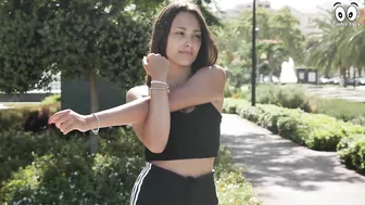 Woman stretching near a swimming pool | Push-ups on a park bench | workout