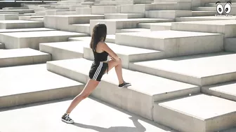 Woman stretching near a swimming pool | Push-ups on a park bench | workout