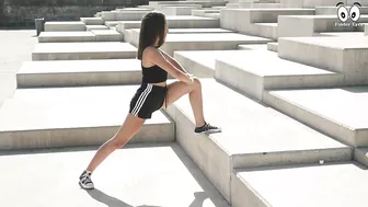 Woman stretching near a swimming pool | Push-ups on a park bench | workout