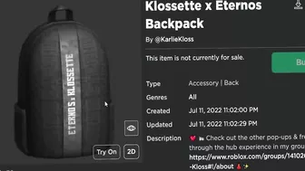 FREE ACCESSORY! HOW TO GET Klossette x Eternos Backpack! (ROBLOX Klossette Showcase Event)