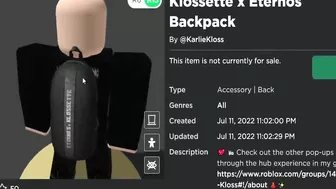 FREE ACCESSORY! HOW TO GET Klossette x Eternos Backpack! (ROBLOX Klossette Showcase Event)