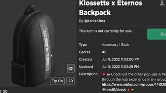 FREE ACCESSORY! HOW TO GET Klossette x Eternos Backpack! (ROBLOX Klossette Showcase Event)