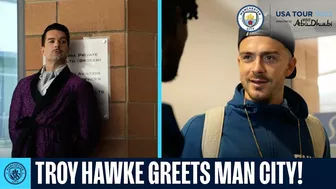 Funny! | Troy Hawke GREETS Man City players onto their US Tour! | Greeters Guild