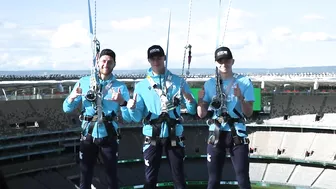 ROOF HANG: Daredevil Joel Ward takes on the Vertigo challenge at Optus Stadium