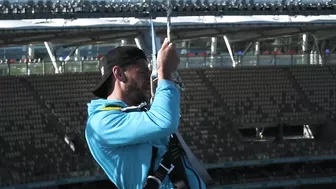 ROOF HANG: Daredevil Joel Ward takes on the Vertigo challenge at Optus Stadium