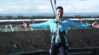 ROOF HANG: Daredevil Joel Ward takes on the Vertigo challenge at Optus Stadium