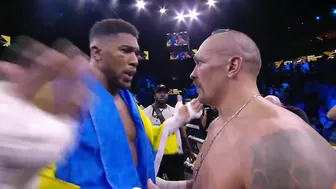 Anthony Joshua confronts Oleksandr Usyk after defeat & throws belts out of the ring