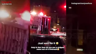 Bikini Clad Woman Get Off SJ Fire Truck straight into a Strip Club