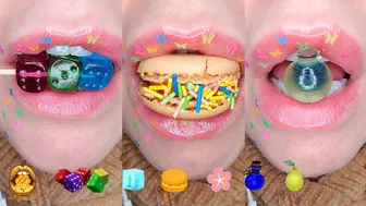 ASMR Eating Satisfying Emoji Food Challenge Gummy Dice Macaron Jelly Pear Ice Mukbang 먹방