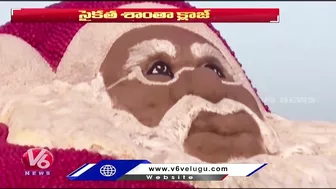 Sand Sculpture Of Santa Claus Attracts Visitors In Puri Beach | Odisha | V6 News