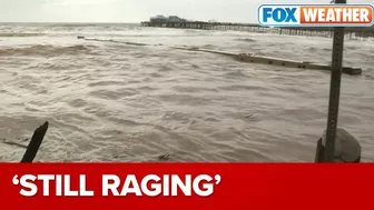 Soquel Creek Water Continues Raging into Capitola Beach, California