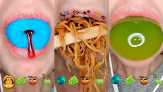 ASMR Satisfying Eating Emoji Food Challenge Noodles Gummy Planet Olives Konjac Jelly Mukbang 먹방