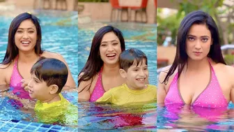 Shweta Tiwari In Pink Bikini Chilling With Son Reyaansh In A Pool