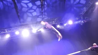 Acrobats performing on a flexible beam.