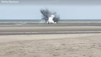 Moment British WWII bomb is detonated on Belgian beach