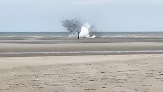 Moment British WWII bomb is detonated on Belgian beach