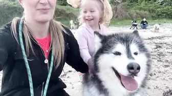 Adorable Little Girl Walks Her Dog On The Beach! (So Cute!!)