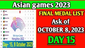 Asian Games Final Medal Tally for Oct 08,2023 (Day 15)|asian Games 2023 medal Tally|India