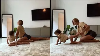 Toddler adorably joins mommy for yoga session