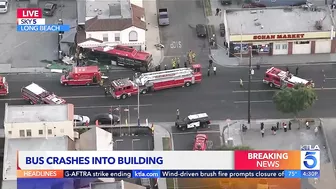 Public transit bus slams into restaurant in Long Beach; at least 14 hurt