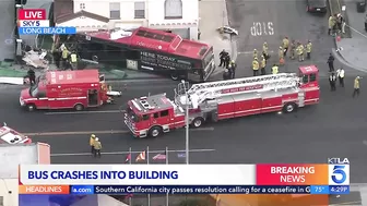 Public transit bus slams into restaurant in Long Beach; at least 14 hurt