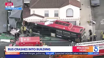 Public transit bus slams into restaurant in Long Beach; at least 14 hurt