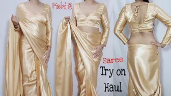 My New Gold Satin Saree Try on Haul from Amazon India | Mahi S