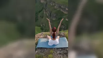 Girl Stretching Yoga Exercises in Mountains Healthy Lifestyle on Zenism Workout Concept Slow Motion